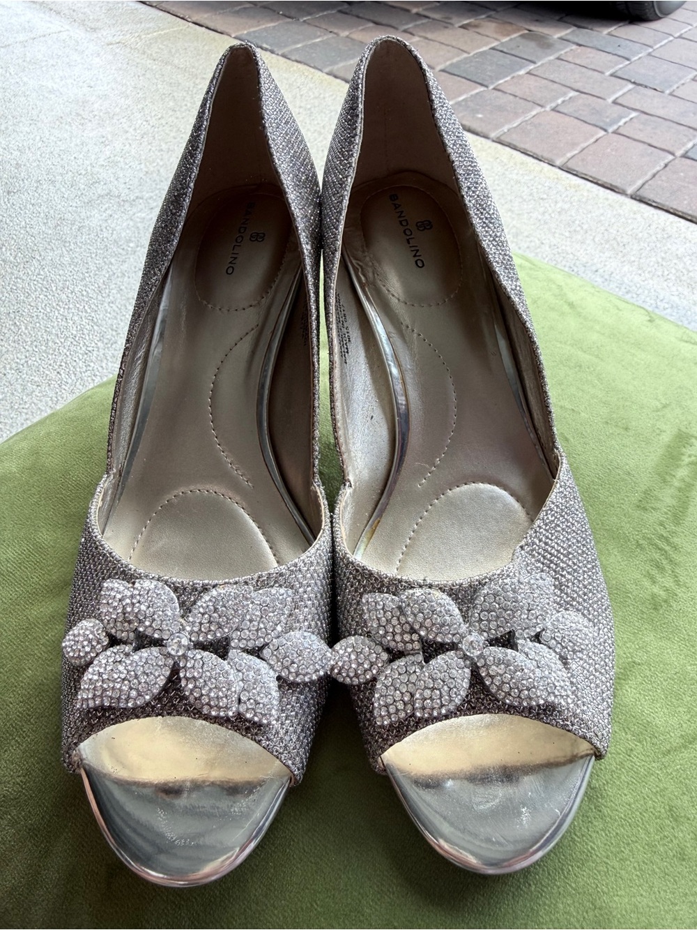 Bandolino Silver Glitter Peep-Toe Heels with Crystal Flower Embellishment